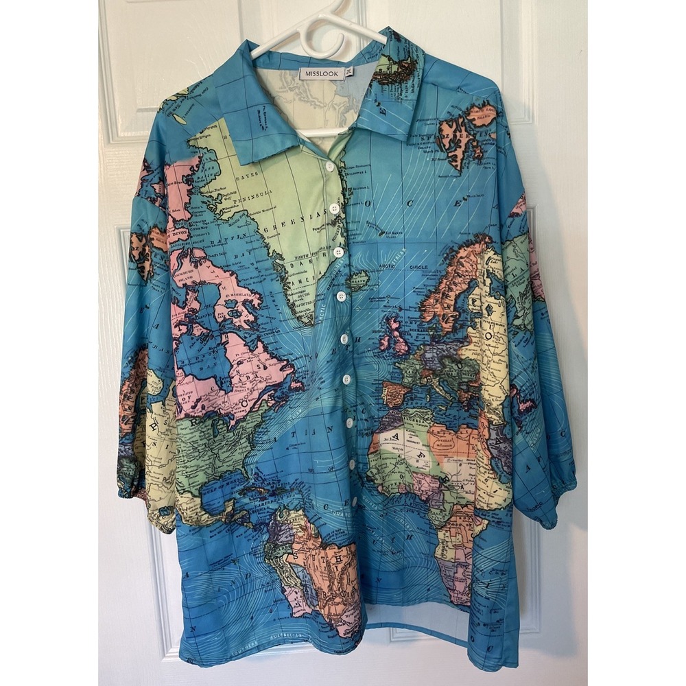 Globe Print Women's Shirt Blouse 2XL World Map Print Long Sleeve Top Geography